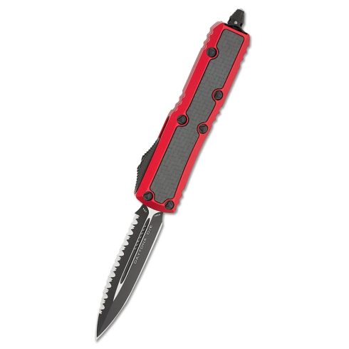 MICROTECH UTX-85 Daytona D/E Red Full Serrated Inlay CF OTF rugós bicska