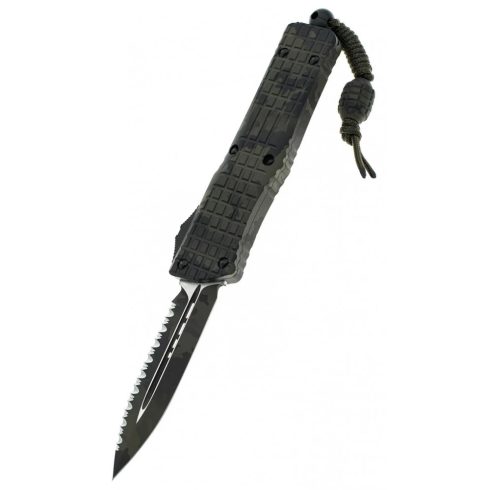 MICROTECH Combat Troodon D/E Frag OD Camo Full Serrated OTF rugós bicska - 142-3FROCS