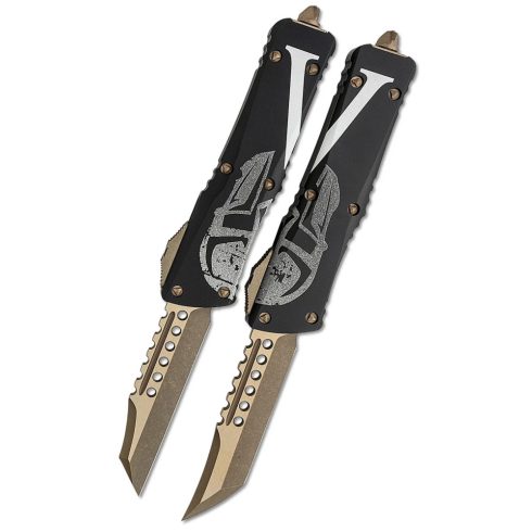 MICROTECH Combat Troodon Hellhound and Warhound Molon Labe Set Apocalyptic Bronze OTF rugós bicska